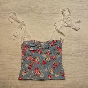 Hello molly cropped blue floral tank with ribbon tie straps, size medium!